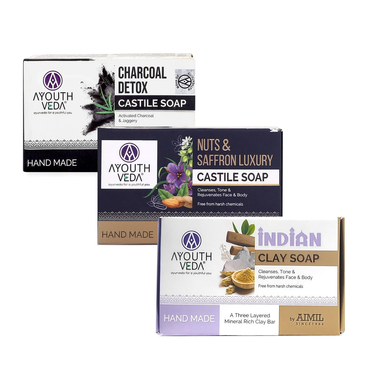 Ayouthveda Herbal Soap Combo (3 Pack) | Nuts & Saffron Soap, Indian Clay Soap & Charcoal Detox Soap | Handmade for Glowing, Rejuvenated & Healthy Skin