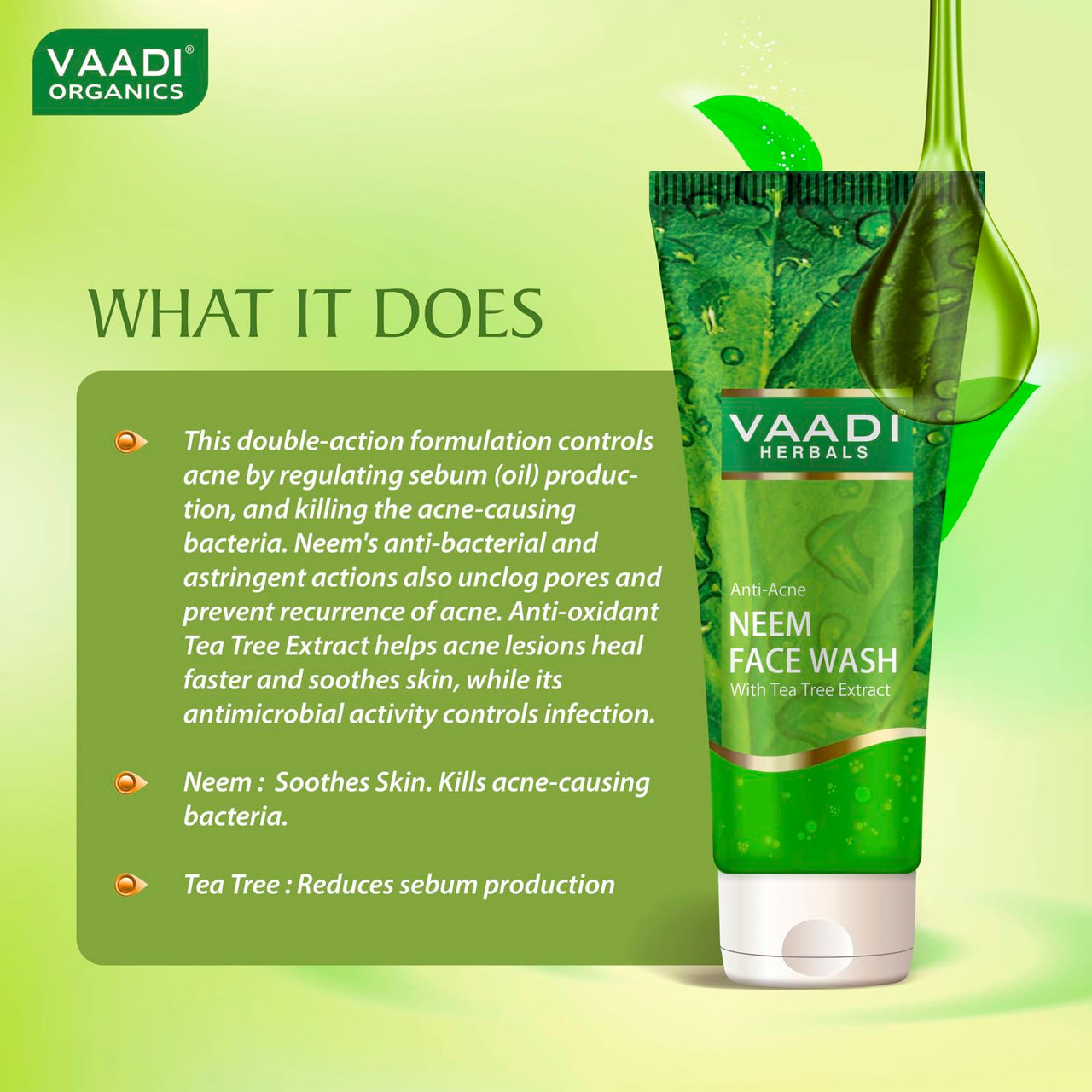 Vaadi Herbals Anti Acne Neem Face Wash with Tea Tree Extract, 60g