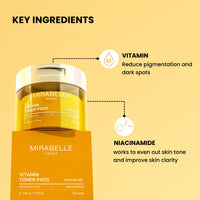 Mirabelle Korea Vitamin Toner Pads | Hydrating & Brightening | Korean Skincare for Glowing Skin | Niacinamide & Vitamin to Reduces Dark Spots | Removes Makeup Residue | 70 Pads