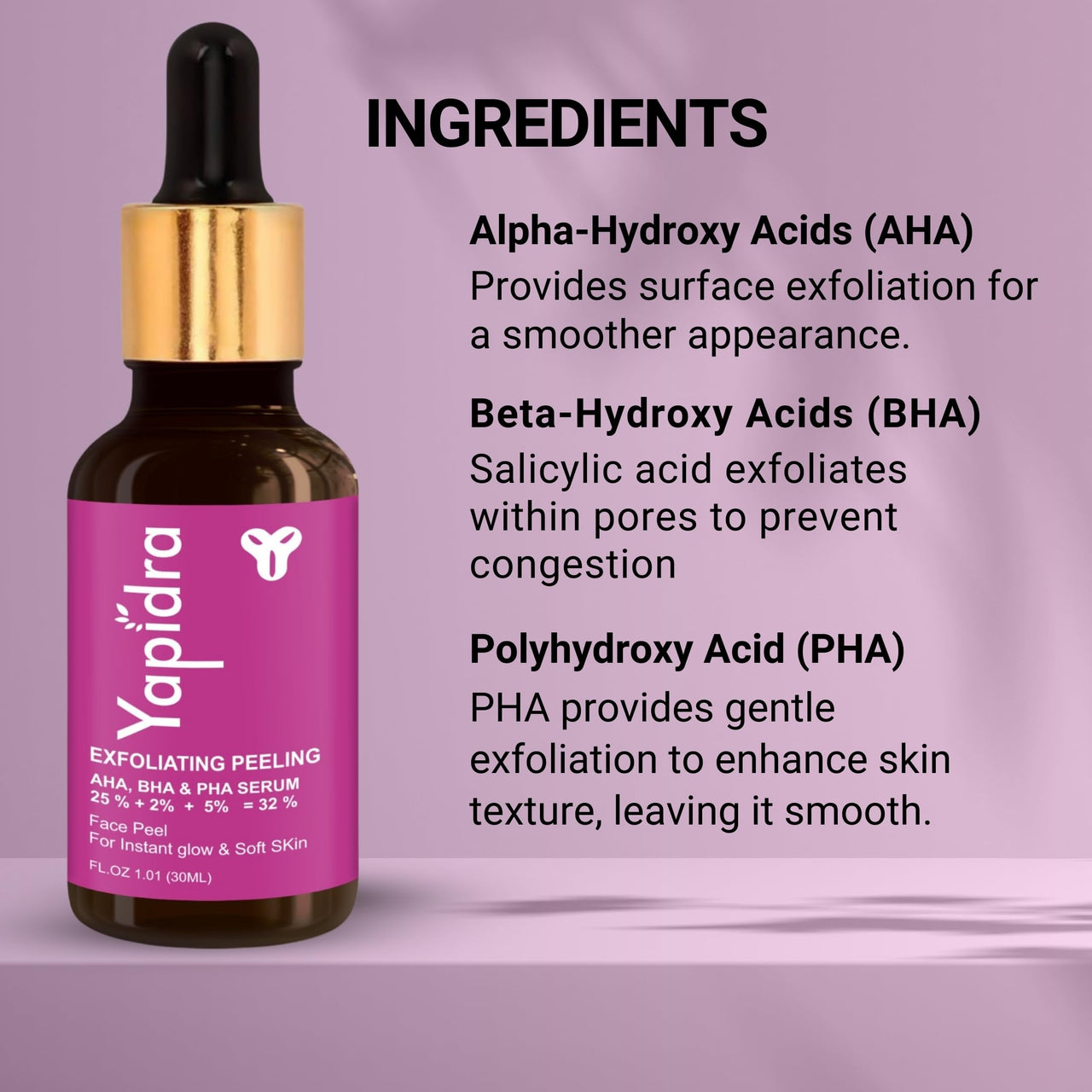 Yapidra Triple-Acid Peeling Serum with 25% AHA, 2% BHA & 5% PHA for deep exfoliation, smoother, radiant skin | Lightweight, fast-absorbing formula |30ml