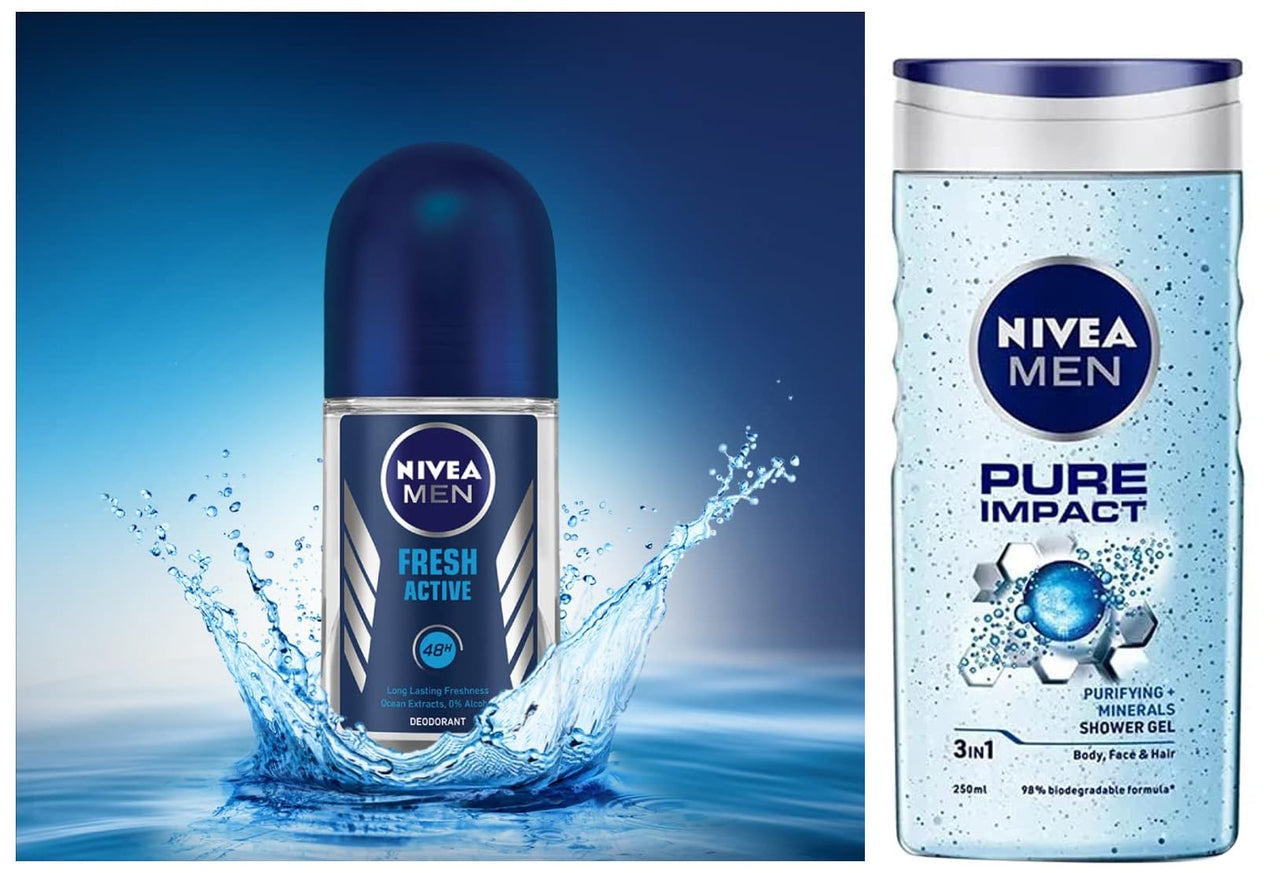 Nivea Deodorant Fresh Active Roll On for Men, 50ml & NIVEA Men Body Wash, Pure Impact with Purifying Micro Particles, Shower Gel for Body, Face & Hair, 250 ml