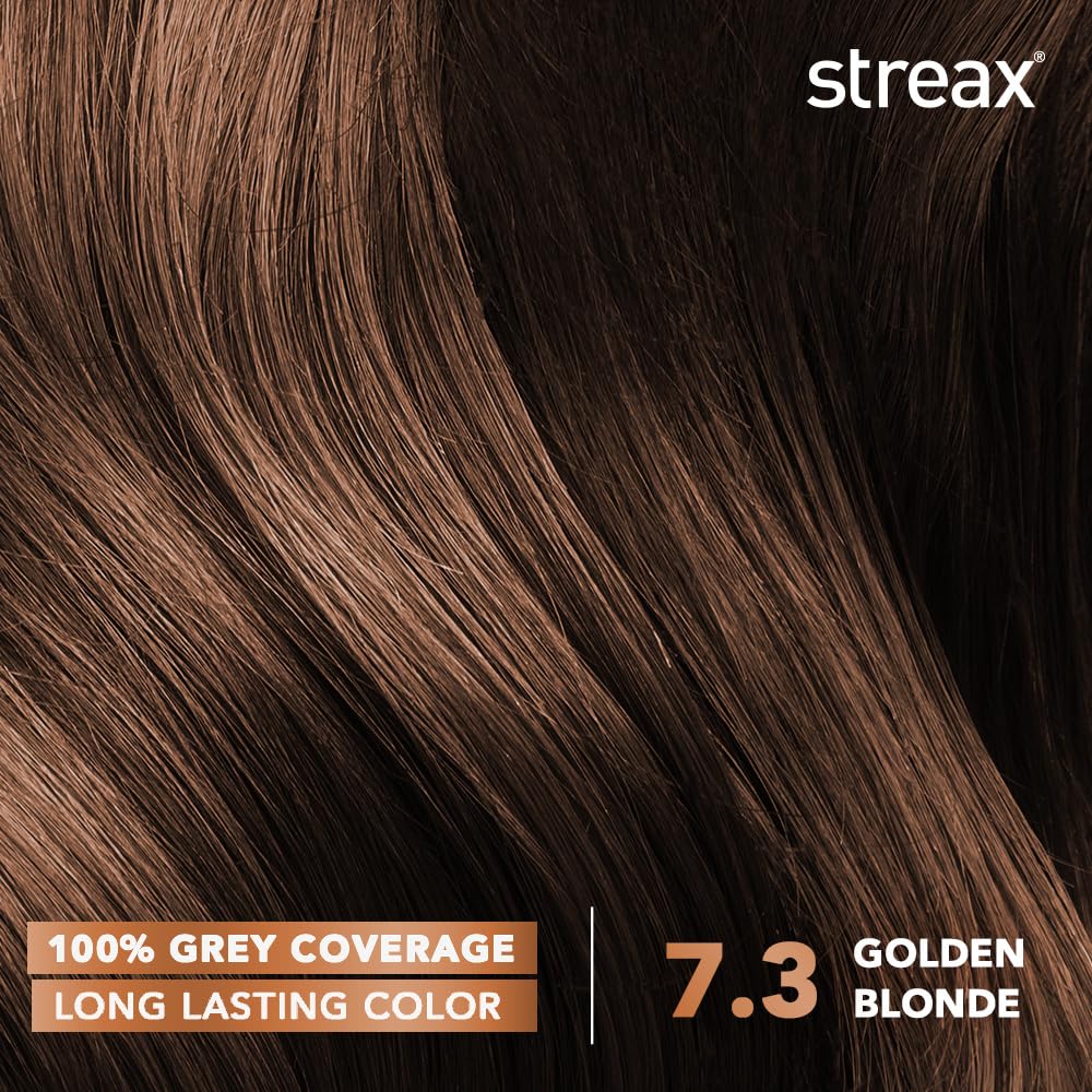 Streax Permanent Hair Colour, 100% Grey coverage, Infused with Argan and Walnut Oil, Long Lasting Cream Hair Colour for Women, Blonde hair Colour, 7.3 Golden Blonde, 120 ml, Pack of 1