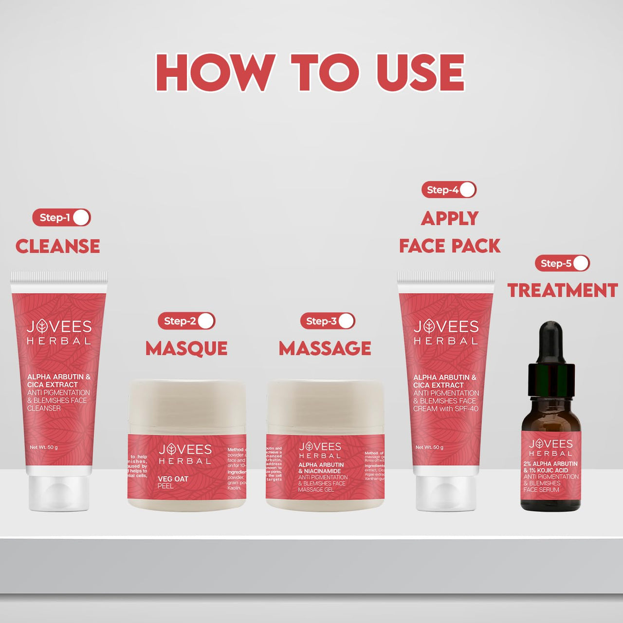 Jovees Herbal Alpha Arbutin & Niacinamide Anti Pigmentation & Blemishes Facial Kit For Pigmentation, Blemishes & Improves Uneven Skin Tone with 5 Easy Steps- Multiple Use
