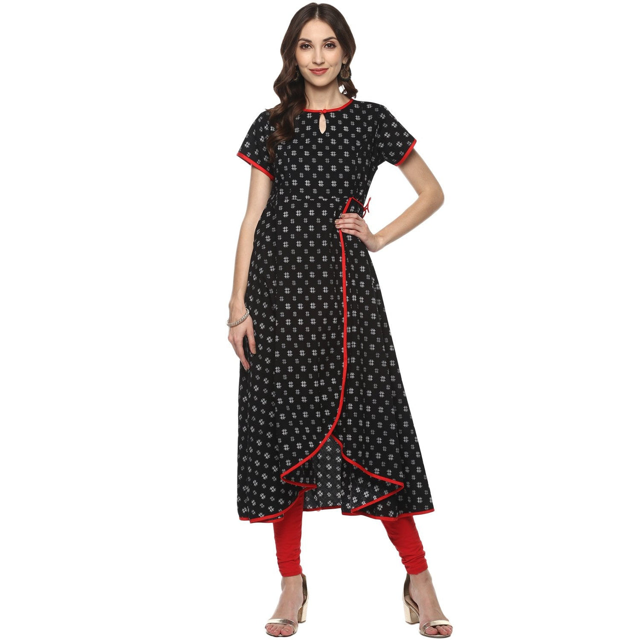 YASH GALLERY Women's  Cotton Printed Anarkali Kurta (Black;Red)