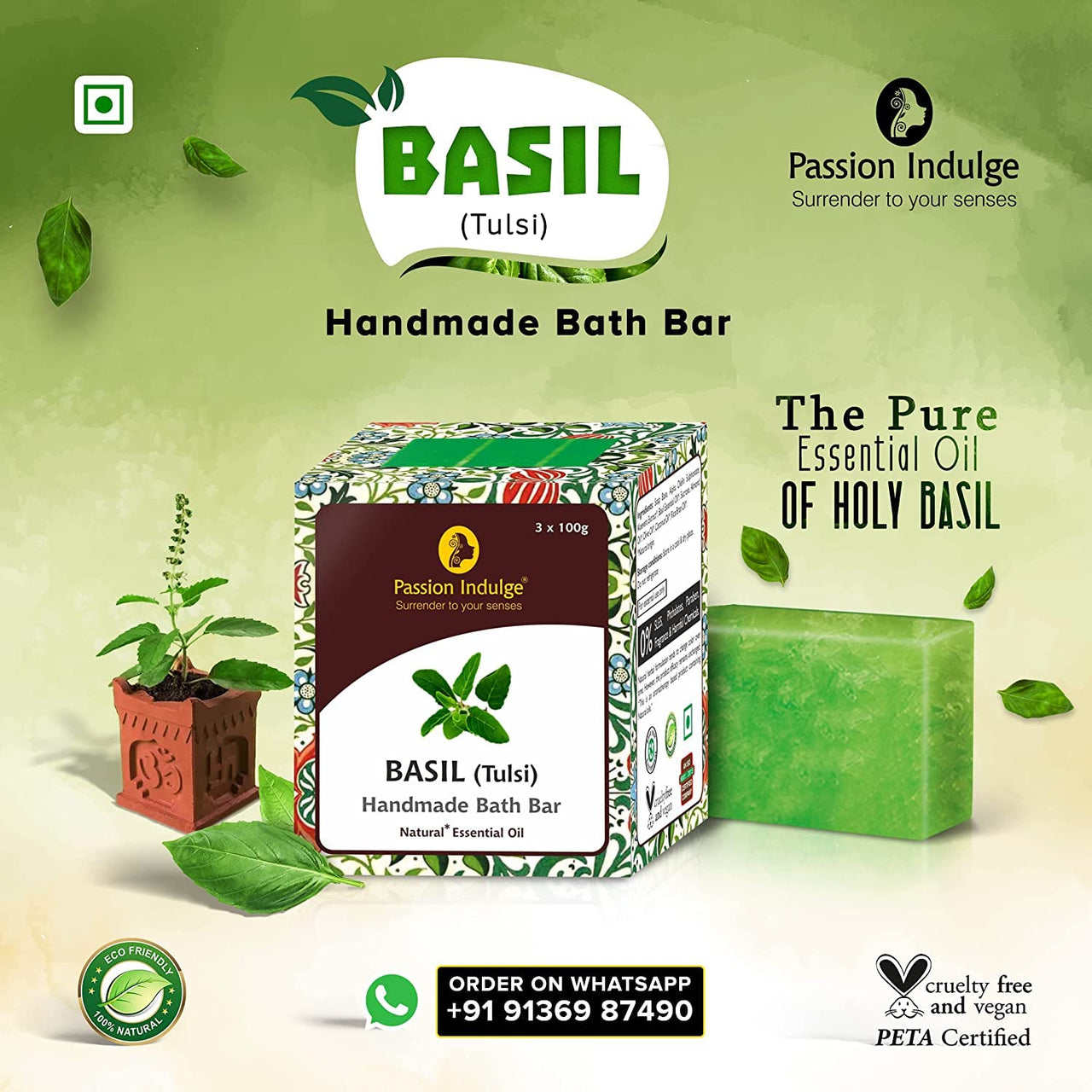 Passion Indulge Handmade Soaps Natural Bath Bar - Sandalwood, Basil (Tulasi) and Turmeric Soap Combo Pack