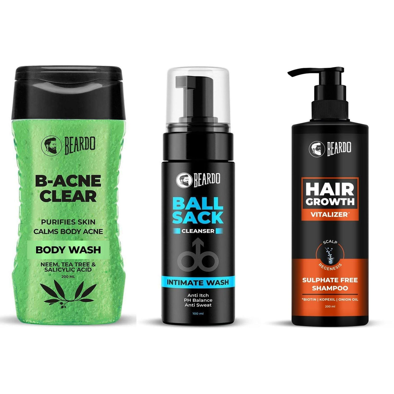BEARDO B-acne Clear Body Wash, Hair Growth Vitalizer Shampoo & Ball Sack Intimate Wash 3 Items in the set