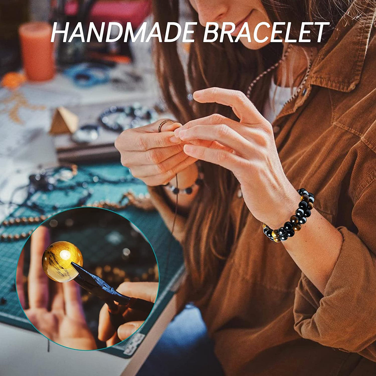 Triple Crystal Protection Bracelet, Handmade Bracelets, Obsidian Tiger Eye and Hematite Stone 10mm Bracelets for Men Women, Healing Crystal Bracelets, Natural Stone Beaded Bracelets Bring Luck 10mm Yellow Tiger Eye