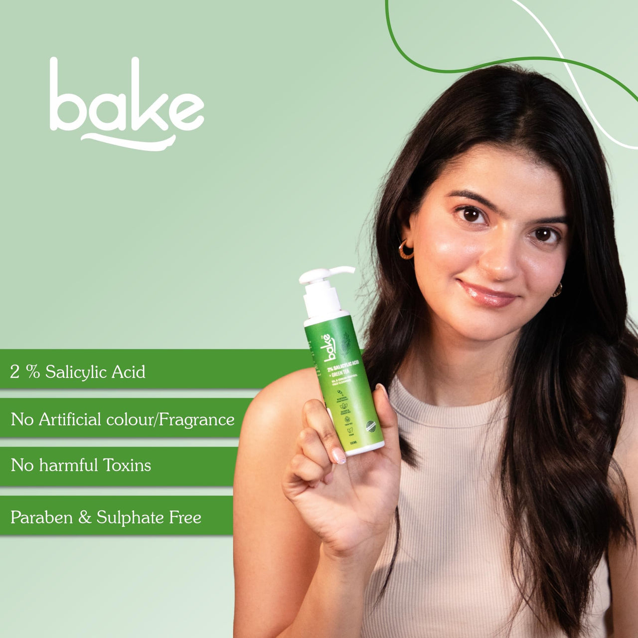 BAKE 2% Salicylic Acid Face Wash For Oily Skin with Green Tea | Sulphate free, Anti Acne Gentle Face Cleanser | Controls Oil & Sebum Production | 100ml (Fresh)