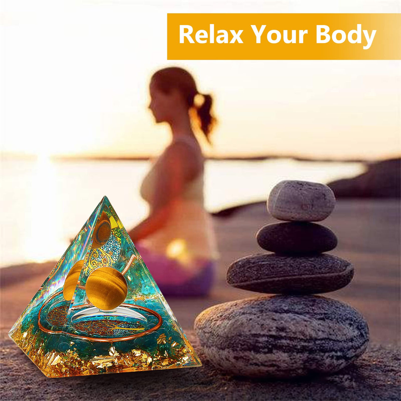 Orgonite Healing Crystal and Stone Orgone Pyramid Gold Sphere Life Tree Blance Chakras Pyramid Meditation Aids Sleep, Health Protection Positive Energy Generator to Attract Wealth Wisdom Yellow Tree