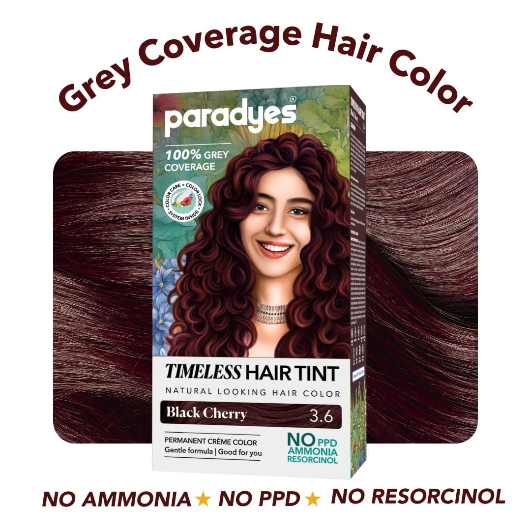 Paradyes Black Cherry Timeless Hair Tint, Permanent Crème Hair Colour for Natural-Looking Results, Complete Grey Coverage, Long-Lasting Formula Free from PPD, Ammonia, & Resorcinol, 3.6 Black Cherry