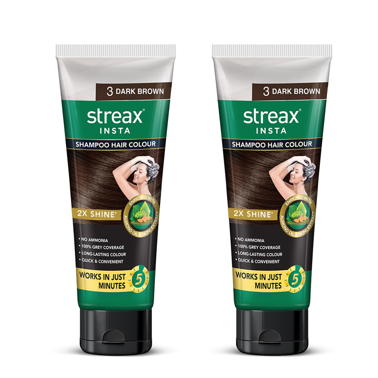 Streax Easy Do-it -Yourself Hair Colour Shampoo, 200 ml I Sqeeze Pack with Natural Extracts I Long Lasting Formula I Colours in Minutes, Dark Brown Pack of 2