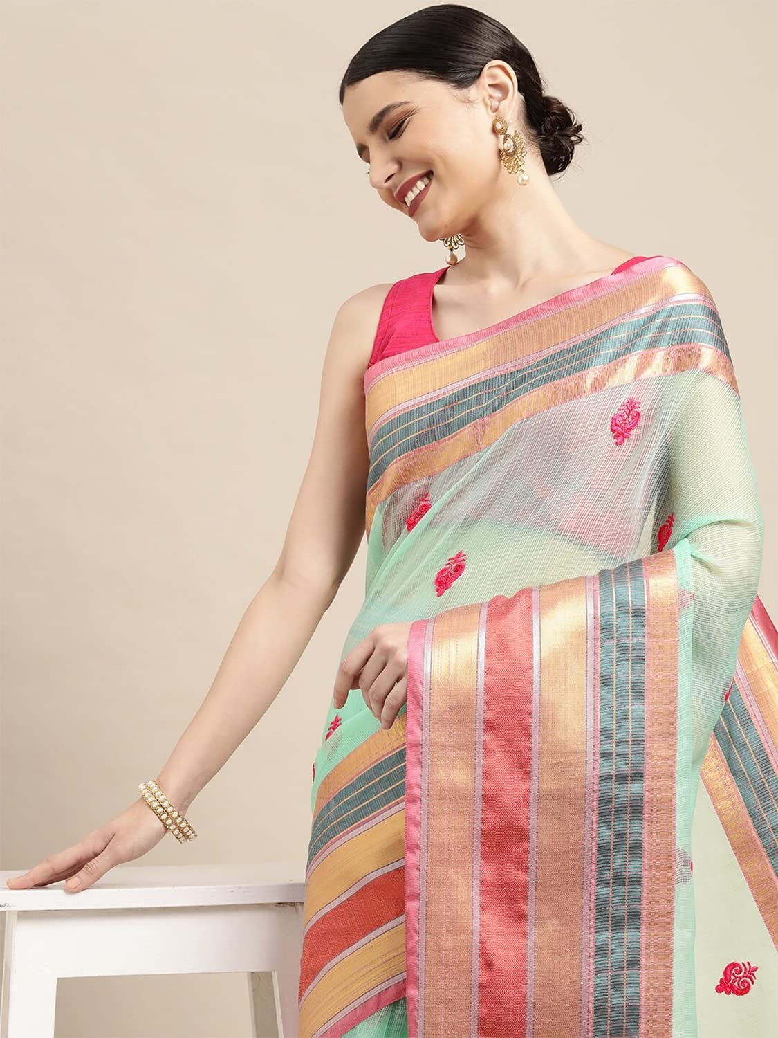 leeza store Women's  Jacquard Dobby Butta Butti Rich Kota Doria Cotton Silk Saree With Blouse Piece Green