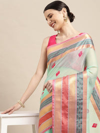 leeza store Women's  Jacquard Dobby Butta Butti Rich Kota Doria Cotton Silk Saree With Blouse Piece Green