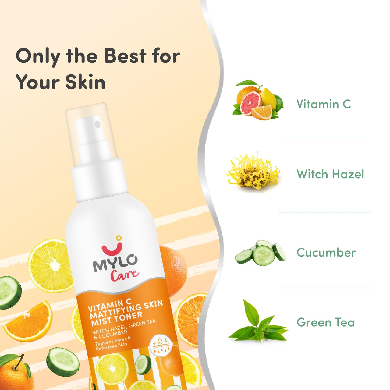 Mylo Vitamin C Toner with Witch Hazel, Cucumber & Green Tea | Removes Impurities | Tightens Pores | Soothes Skin Irritation 200 ml