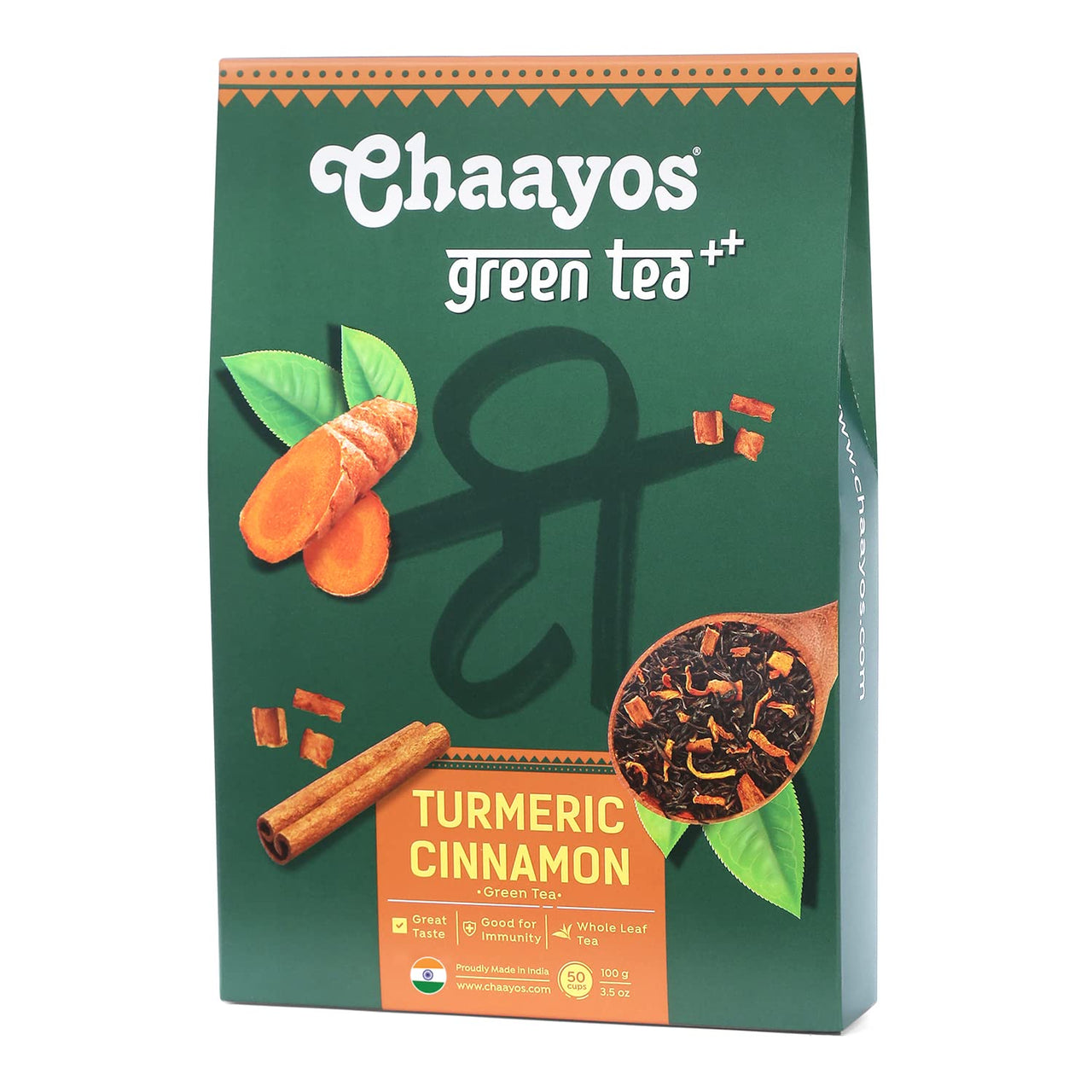Chaayos Turmeric Cinnamon Green Tea | Turmeric Cinnamon Tea | Whole Leaf Loose Tea | Immunity Boosting - 100g [50 Cups] | Antioxidant Green Tea | Green Tea