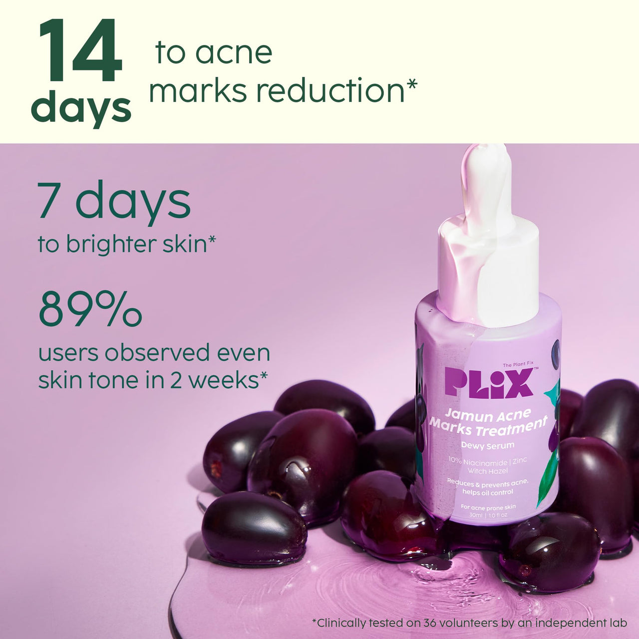 The Plant Fix Plix 10% Niacinamide Face Serum, 30ml (Pack Of 1) For Acne Marks, Blemishes, Oil Control With 1% Zinc & Witch Hazel, Skin Clarifying Jamun Serum For Unisex With Acne-Prone Skin