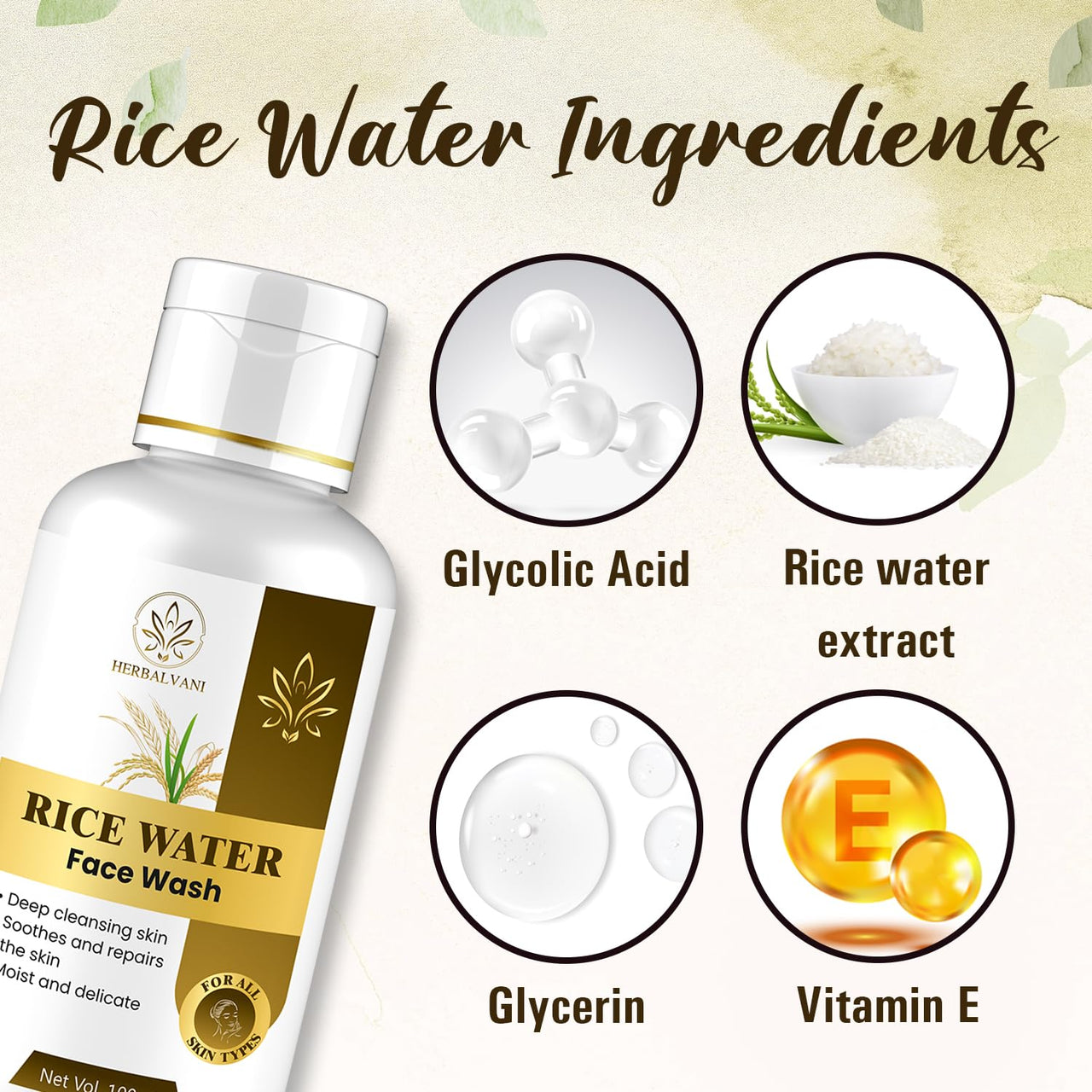 Herbalvani Rice Water Face Wash | Enriched with Rice Water, Niacinamide & Glycolic Acid | Deep Cleansing & Skin Brightening | For All Skin Types | 100ml