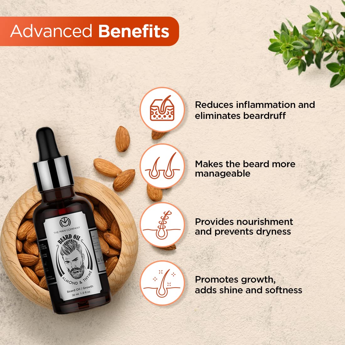The Man Company Beard Oil for Growing Beard Faster with Almond & Thyme, 100% NATURAL, Best Beard Growth Oil for Men, Nourishes & Strengthens Uneven Patchy Beard - 30ML