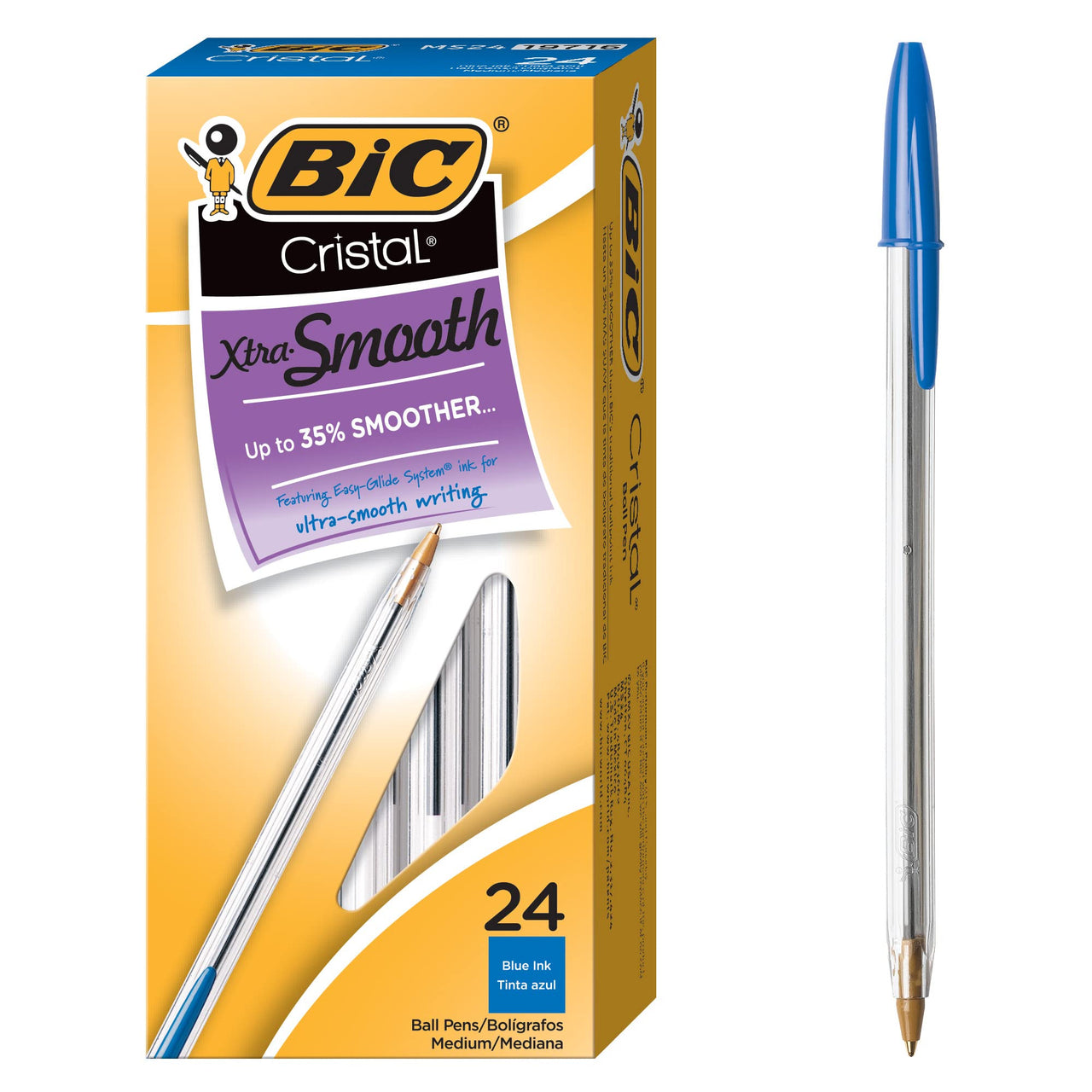 BIC Cristal Xtra Smooth Ballpoint Pen, Medium Point (1.0mm), Blue, 24-Count