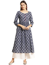 rangita Women 100% Cotton Blue Indigo Printed Calf Length Kurti Gathered at Waist