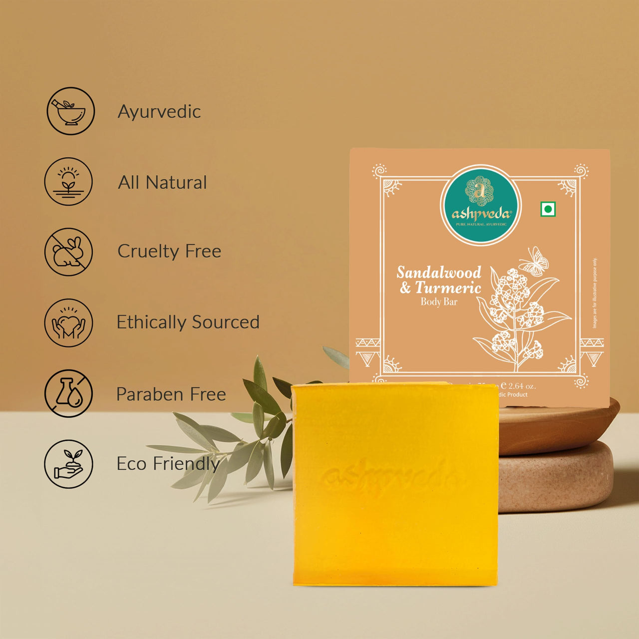 Ashpveda Sandalwood and Turmeric Soap for Bath | Ayurvedic Handmade Natural Scented Premium Bathing Soap for Glowing & Moisturizing Skin (75 gm) (Pack of 2)