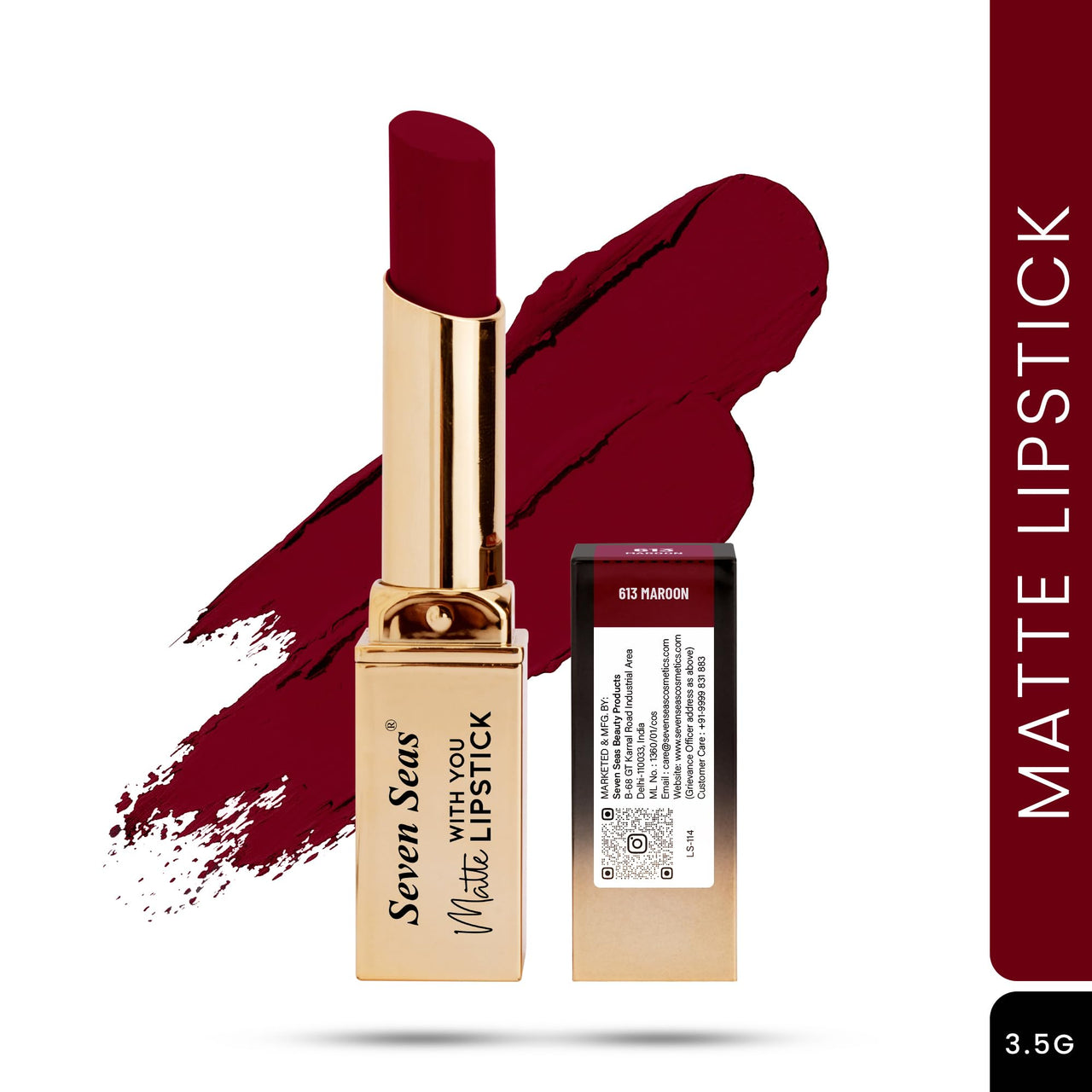 Seven Seas Matte With You Long Lasting Lipstick | Smooth Application |Transferproof & Smudge Proof | Highly Pigmented Lipstick for Women (Maroon)
