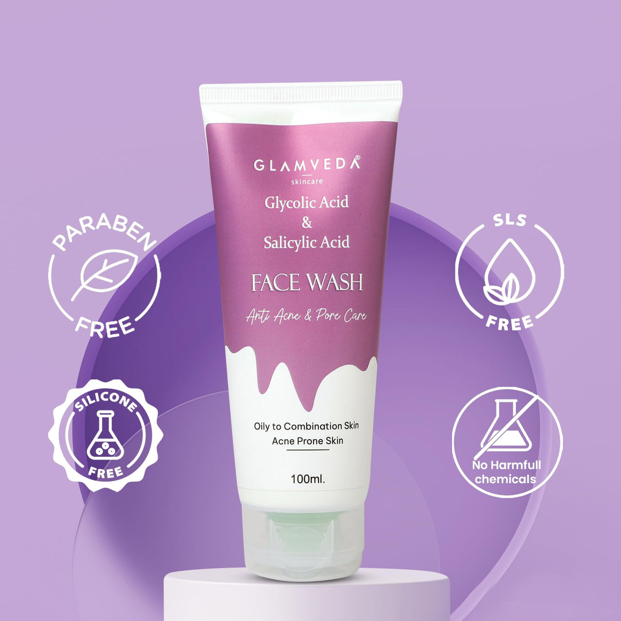 Glamveda Glycolic Acid & 0.05% & Salicylic Acid Anti Acne face wash | For Oily & Acne Prone Skin | Oil balancing, Deep Cleansing - 100 ml