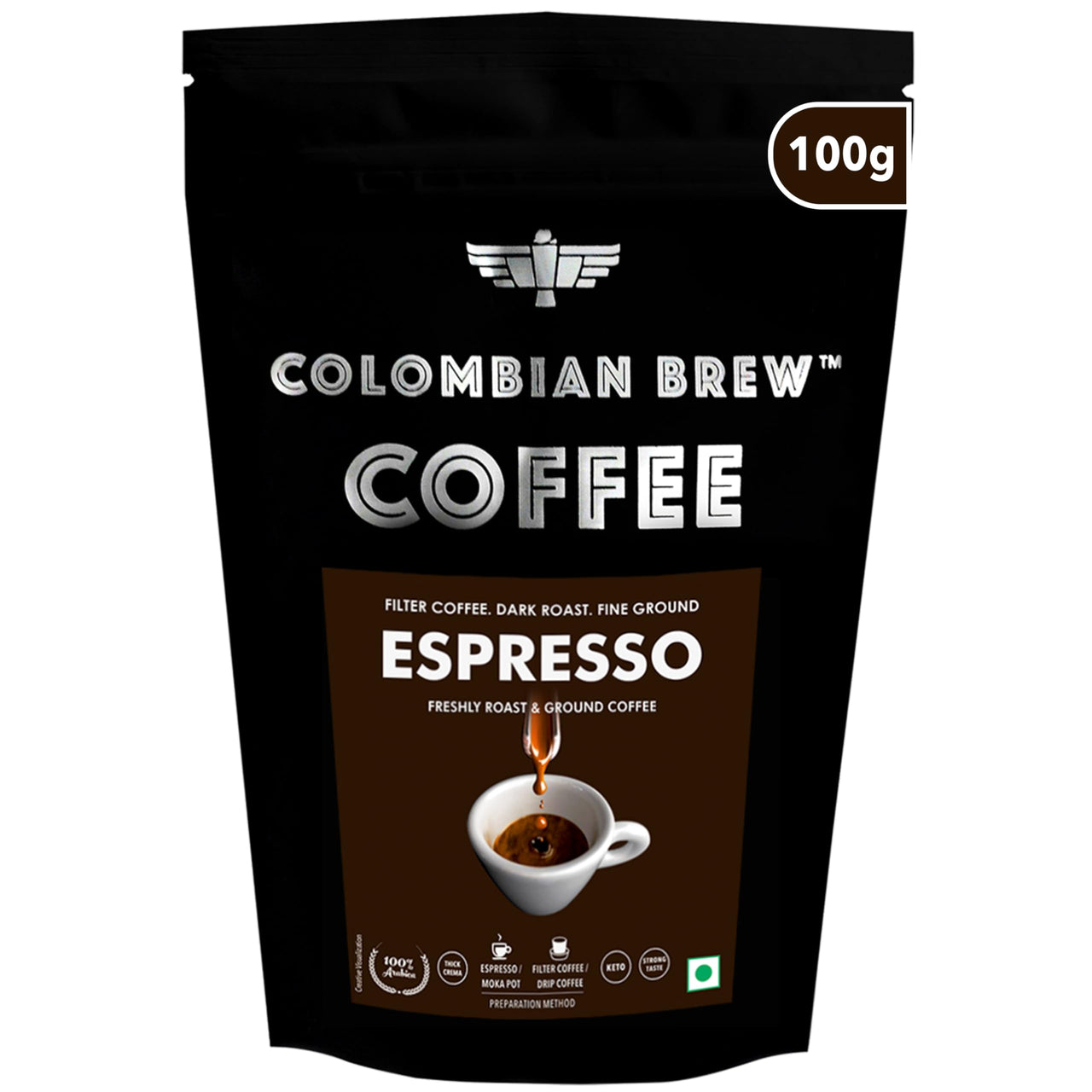 COLOMBIAN BREW COFFEE Arabica Espresso Filter Coffee Powder Bag, Roast & Ground Strong, 100G