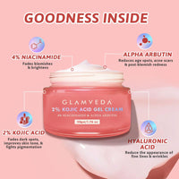 Glamveda 2% Kojic Acid Gel Cream with Niacinamide & Alpha Arbutin | Brightens Skin & Reduces Pigmentation | Fades Dark Spots & Acne Scars | For All Skin Types