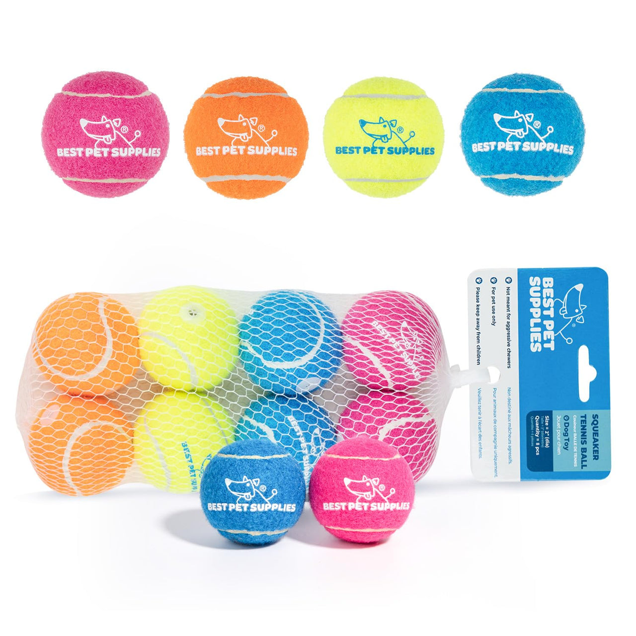 Best Pet Supplies Squeaky Tennis Balls for Dogs, 8-Pack, Heavy-Duty Interactive Pet Toys for Throwing and Fetching, Supports Exercise and Natural Behavior Training, Durable - Small