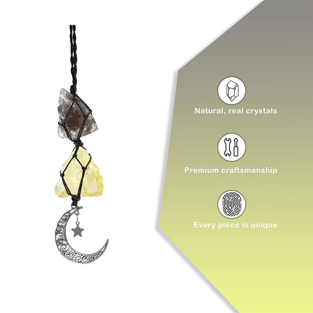 BOHO GARDEN Hanging Car Charm - Smoky Quartz & Citrine - Dangling Moon, Healing Crystal Accessories, Rearview Mirror Decorations ÐGrounding, Cleansing, Protection, Joy, Abundance, Clarity, Energy Smoky Quartz-citrine