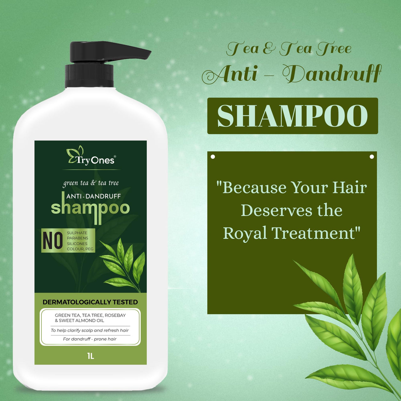 TryOnes Green Tea & Tea Tree Anti-Dandruff Shampoo - No Sulphates, Parabens, Silicones, Color & Peg | 1000 ml
