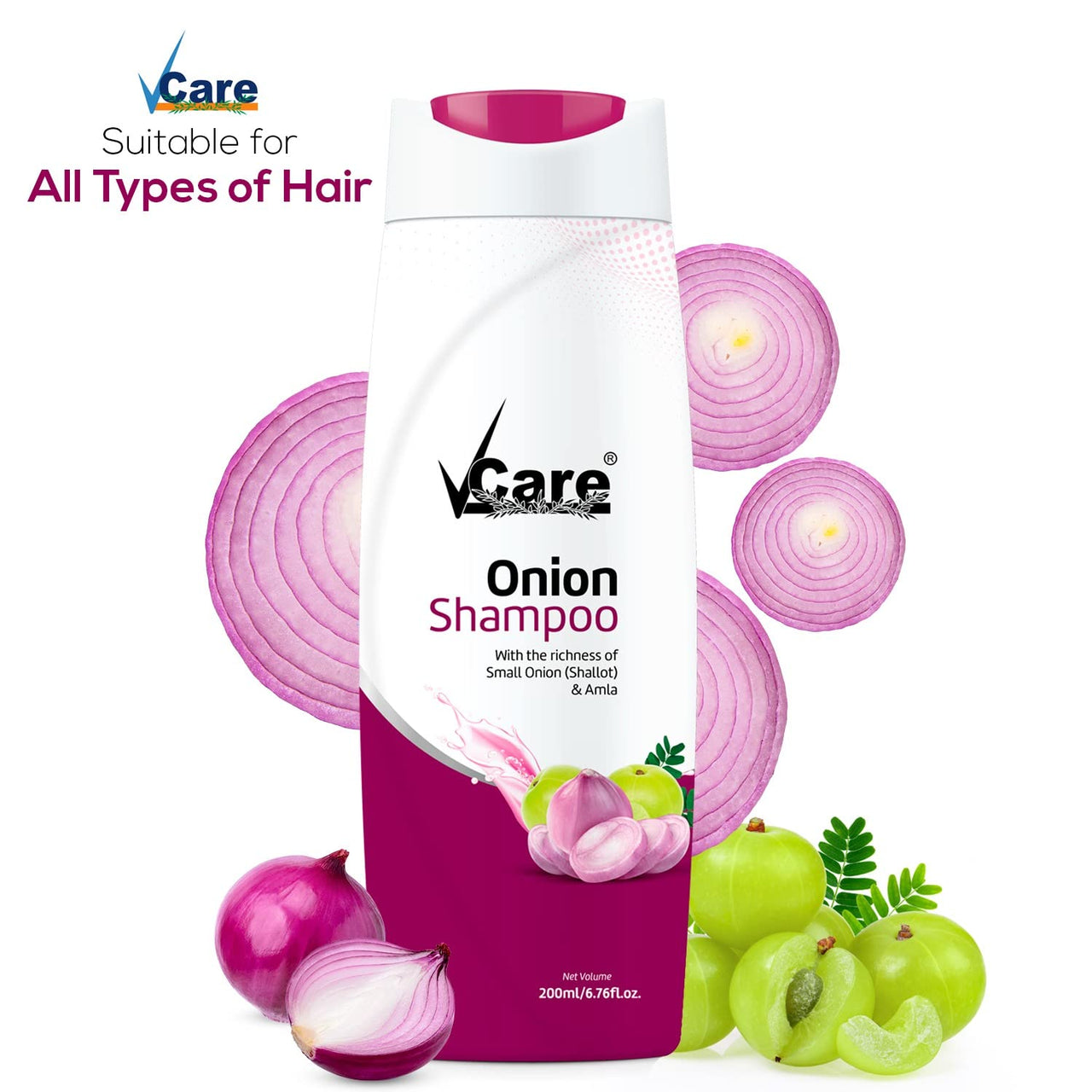 VCare Small Onion Shampoo for Hair Growth 200ml and Hair Fall Control - With Shallot Onion and Amla Suitable for Both Men & Women (Pack Of 3)