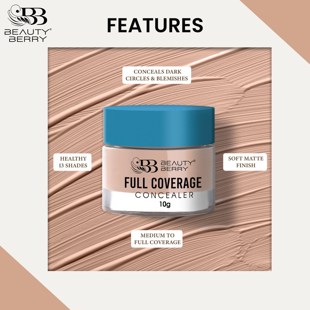 Beauty Berry Full Coverage Concealer - Natural Beige, 10g | Easy to Blend, Ultra Lightweight & Long Lasting Concealer | Creamy Texture, Highly Pigmented, Waterproof Concealer for Face Makeup