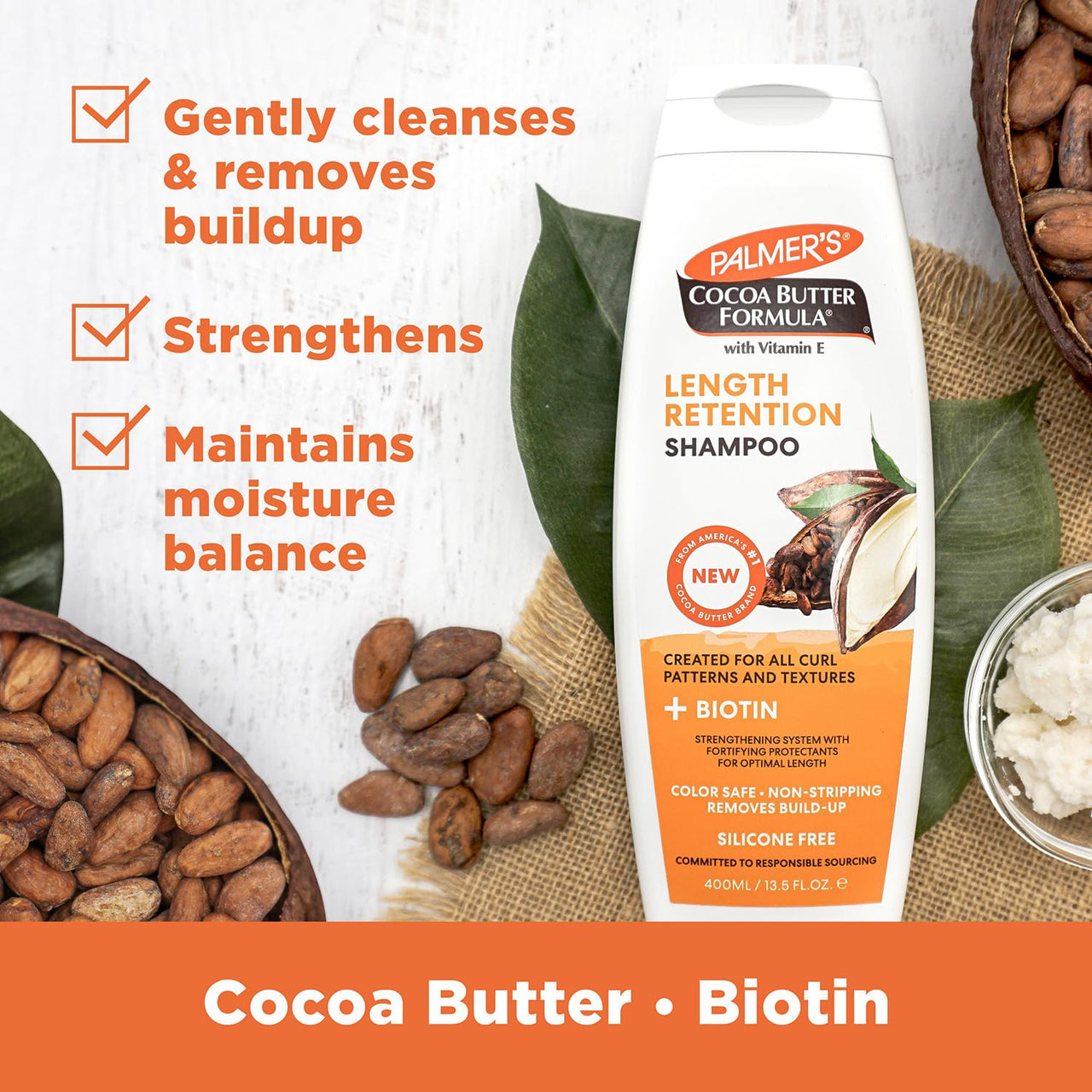 Palmer's Cocoa Butter & Biotin Shampoo for Hair Length Retention, Strengthening & Enhanced Shine - 400ml