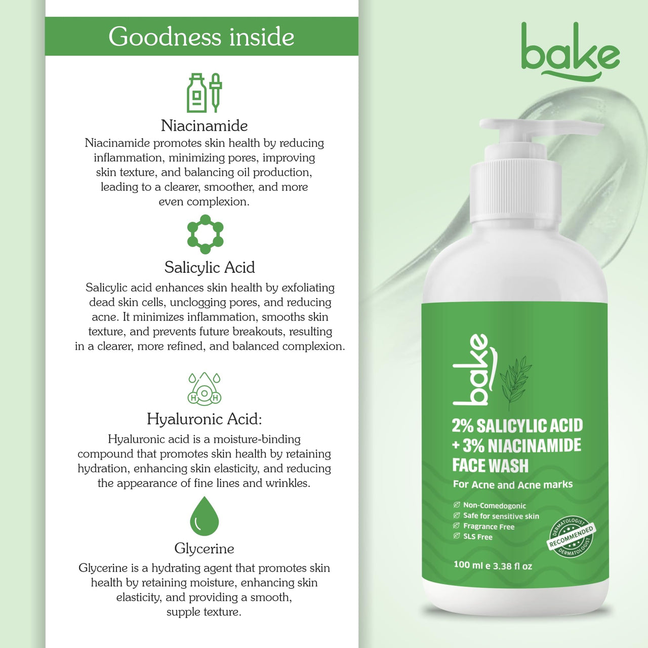 BAKE 2% Salicylic Acid & 3% Niacinamide Face Wash for Oily Acne Prone Skin | Treats Active Acne & Fades Acne Marks & Dark Spots | Daily Anti Acne Face Wash - 100ml