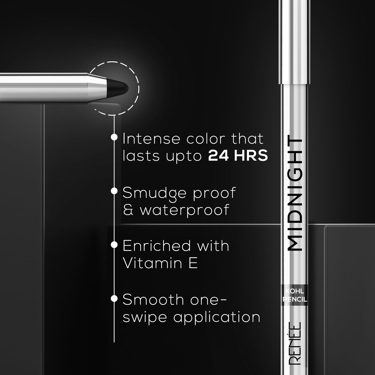RENEE Midnight Kohl Kajal Pencil | Waterproof, Smudgeproof With Sharpener | 24 Hours Long Stay | Darkest Black | One Swipe Application | Vitamin E, Olive Oil and Castor Oil | Matte Finish |1.5 Gm