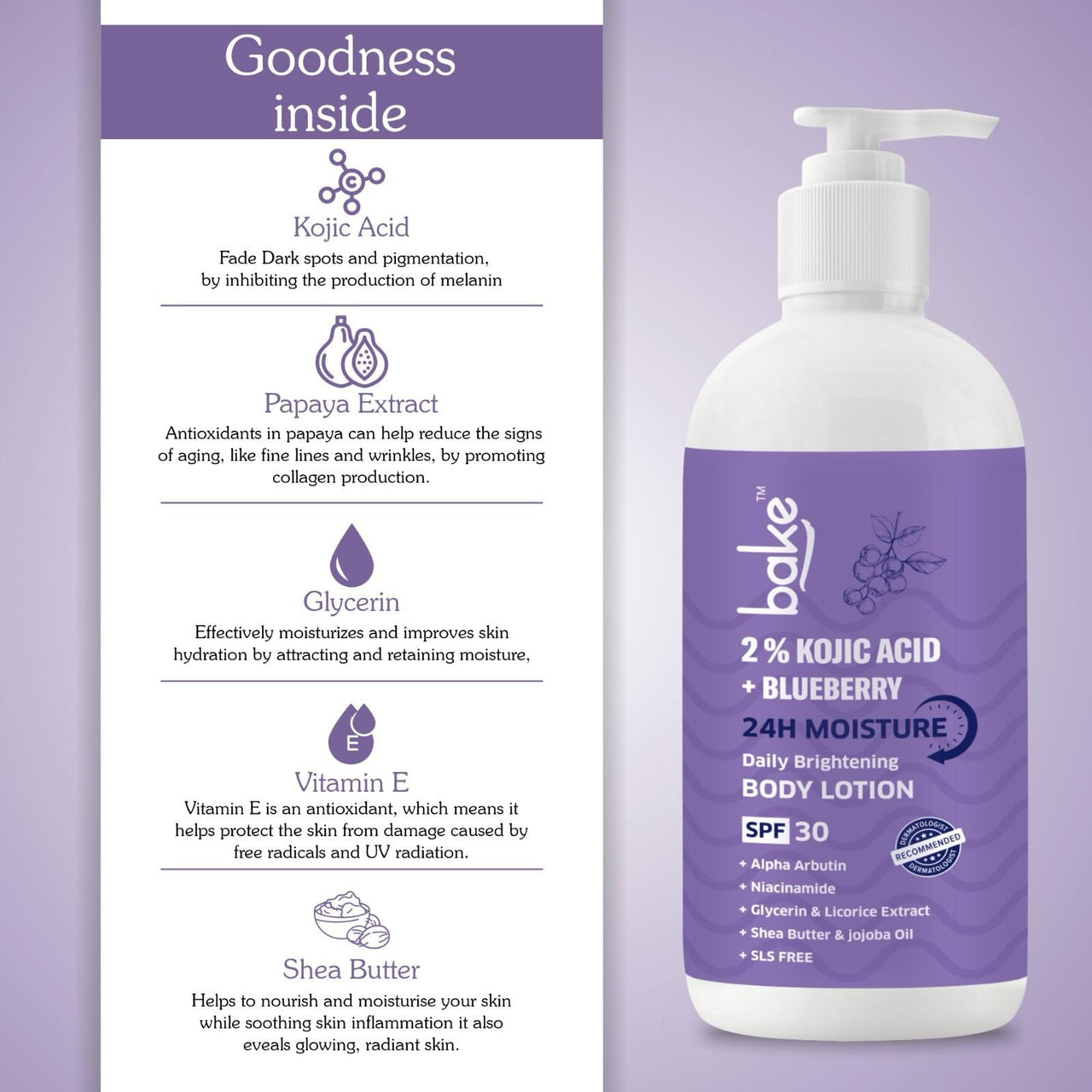 BAKE 2% Kojic Acid Brightening Body Lotion with Niacinamide & SPF 30 PA+++ for Pigmentation & Tan Removal | For Dark Spots & Sun Protection | De-Tan Body Lotion | Tanned & Pigmented Skin | For Women & Men | 200ml