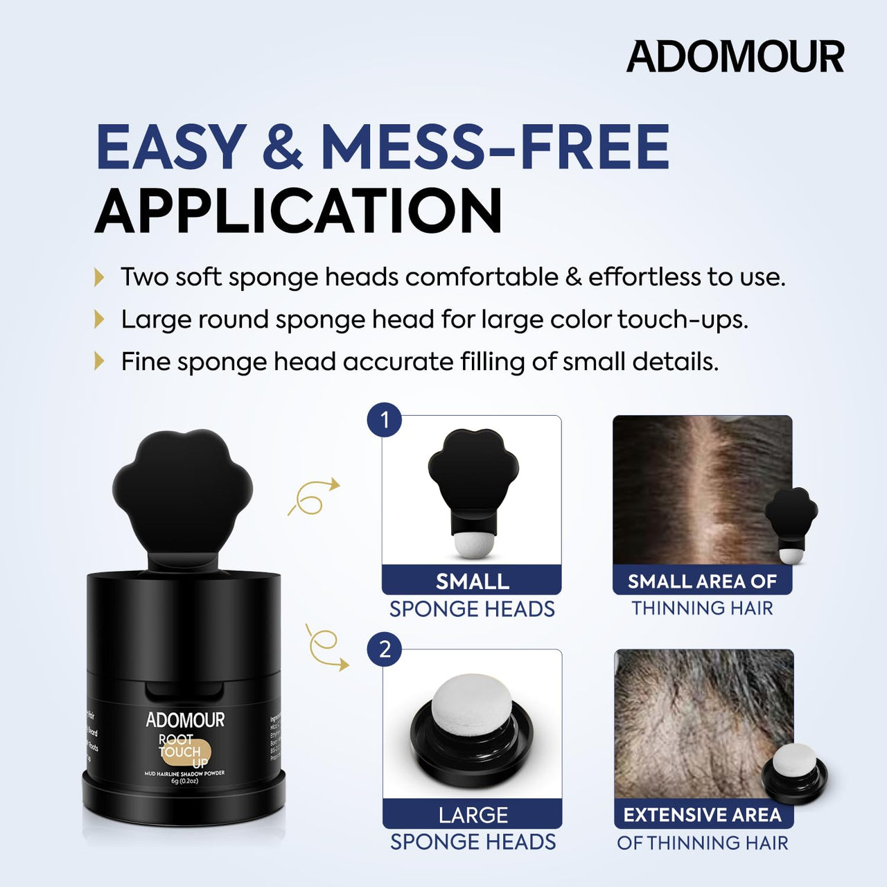 Adomour Mud Hairline Shadow Powder for Men and Women| Root touch up Powder| Sweat Resistant and Stain Proof 48 hour formula | Instantly Conceals Hair Loss, Bald Patch and Grey Hair 6g (Black)