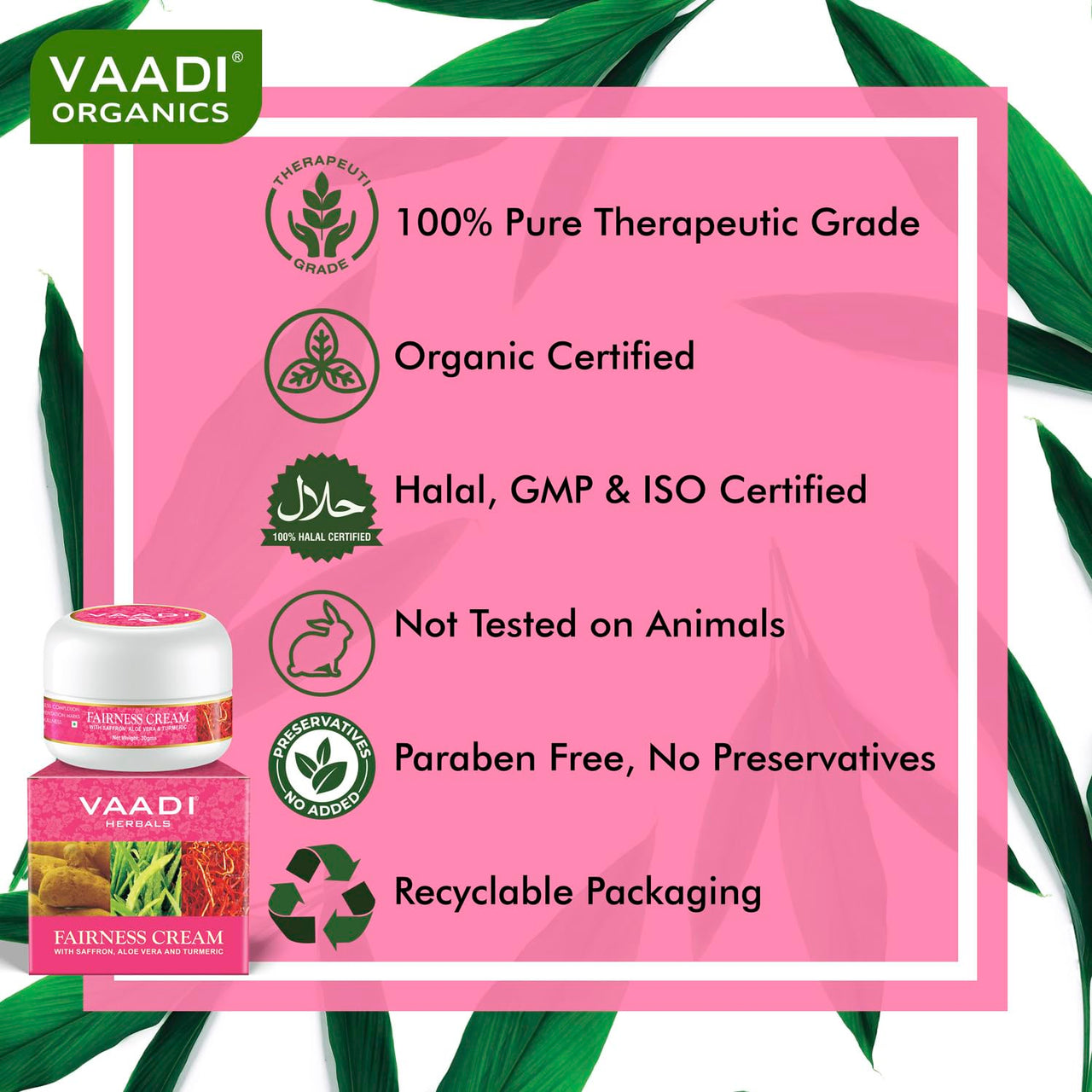 Vaadi Herbals Fairness Cream, Saffron Aloe Vera and Turmeric Extracts, 30g x 3