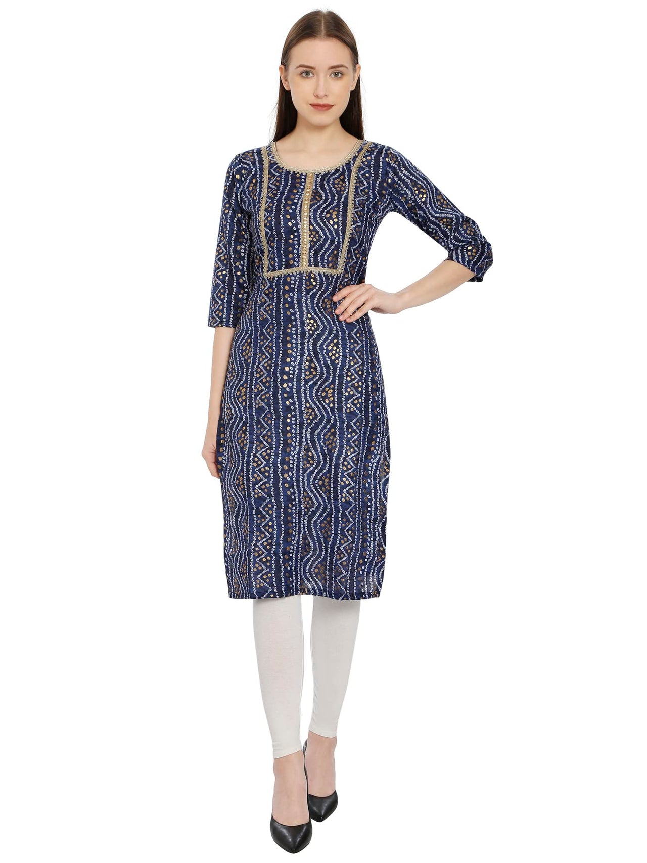 InTrend Forever Bandhani Foil Print Designer || Cotton Kurta for Ladies || Straight Fit || Zari & Sequins lace || Kurtis for Women