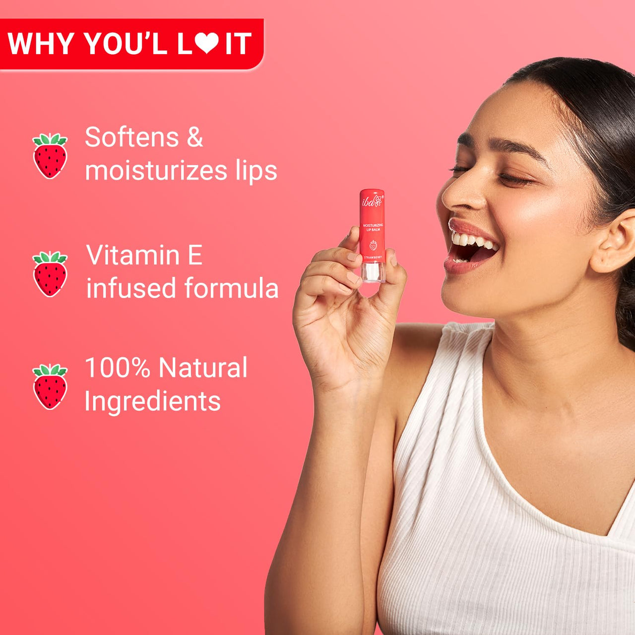 Iba Pure Lips Moisture Rich Lip Balm - Strawberry, 4.5 g (Pack of 2) | For Pigmented, Dry Damaged & Chapped Lips | Enriched with Cocoa Butter, Shea Butter l Glossy Finish | 100% Natural | Halal Certified & Vegan Makeup