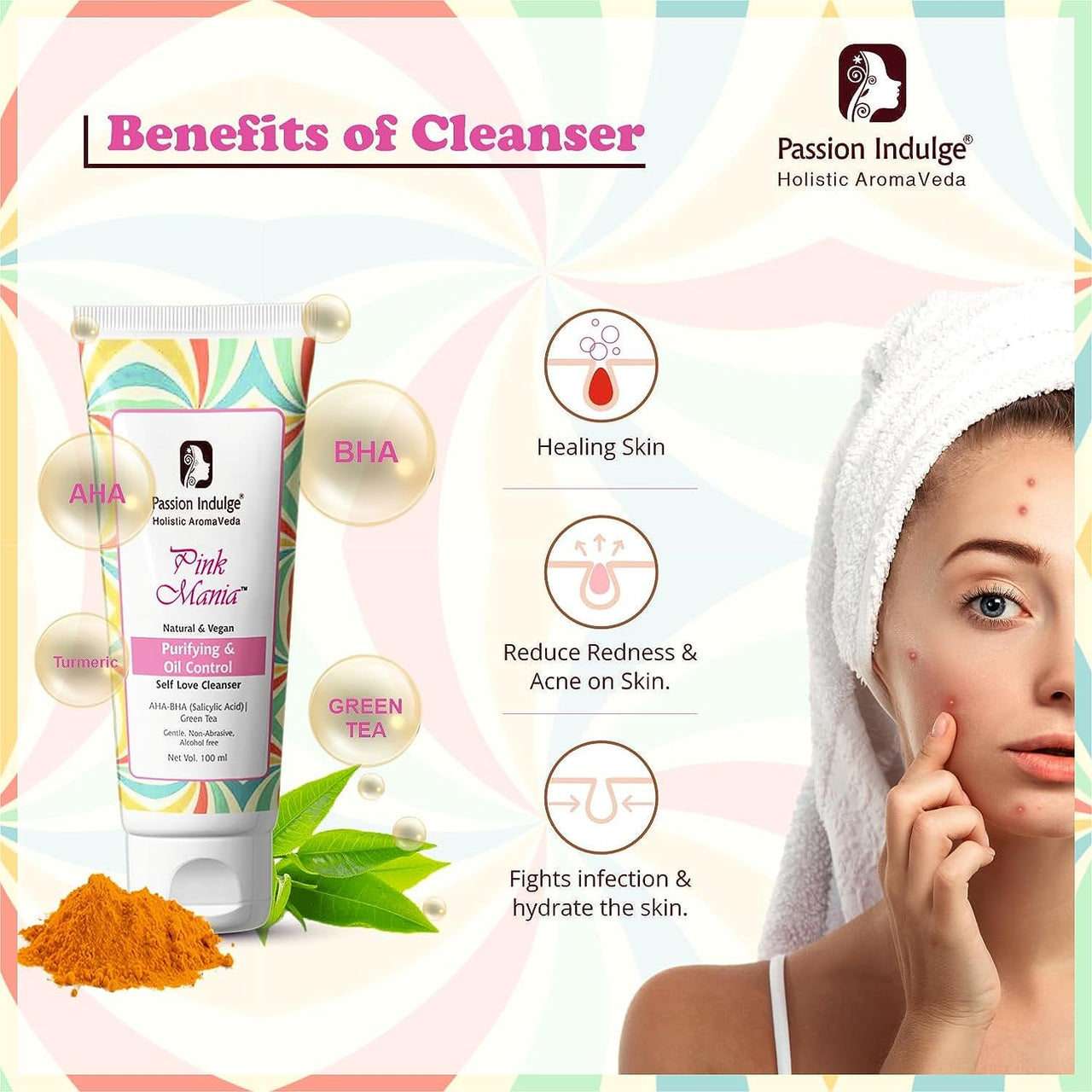 Passion Indulge Pinkmania AHA-BHA Cleanser with 1% Salicylic Acid & Moisturizer For Face | Purifying & Oil Controlling with Turmeric & Green Tea