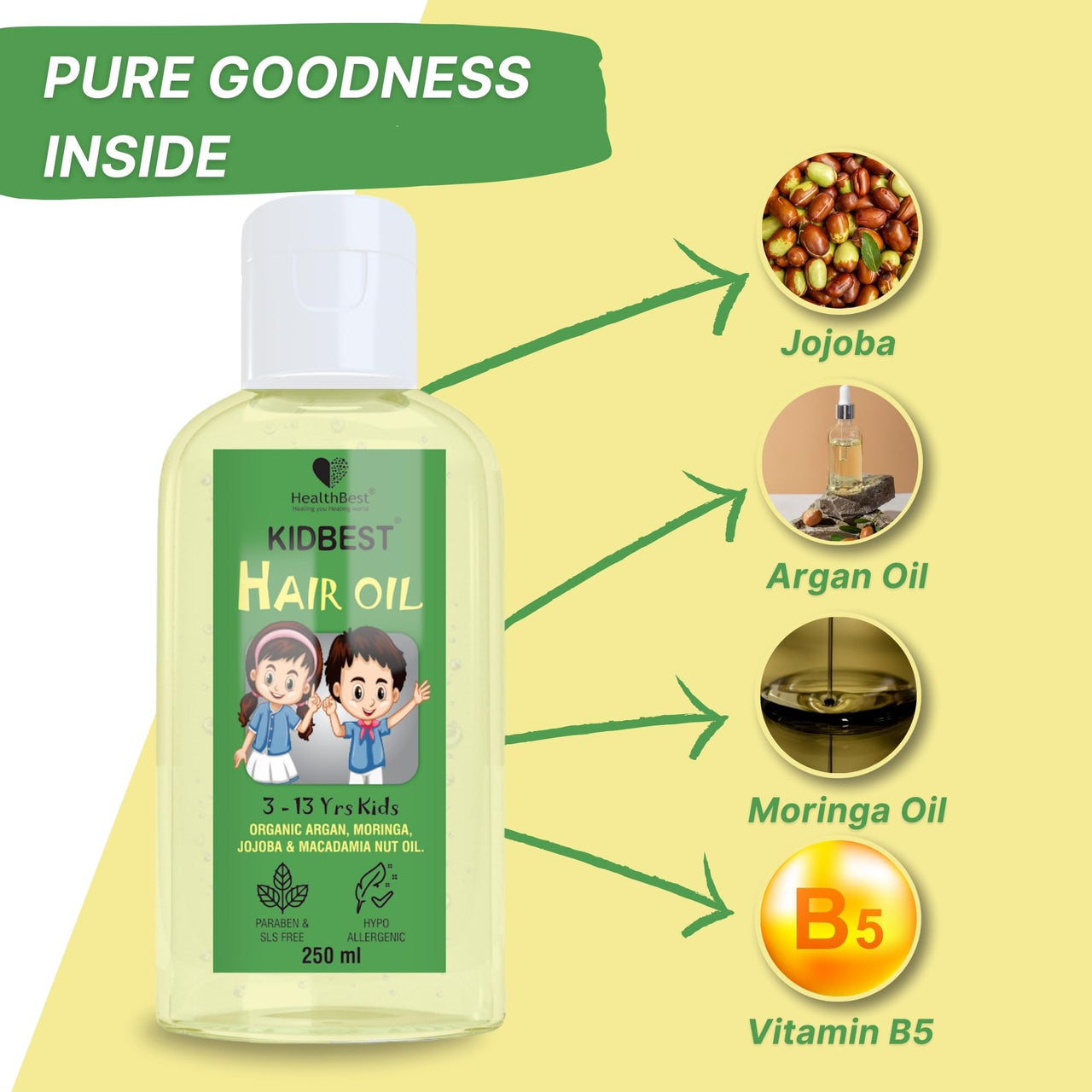 HealthBest Kidbest Hair Oil for Kids | Organic Argan, Moringa, Jojoba & Macadamia Nut Oil | Hair Growth | Damaged Hair | Tear, Paraben, SLS free | 250ml