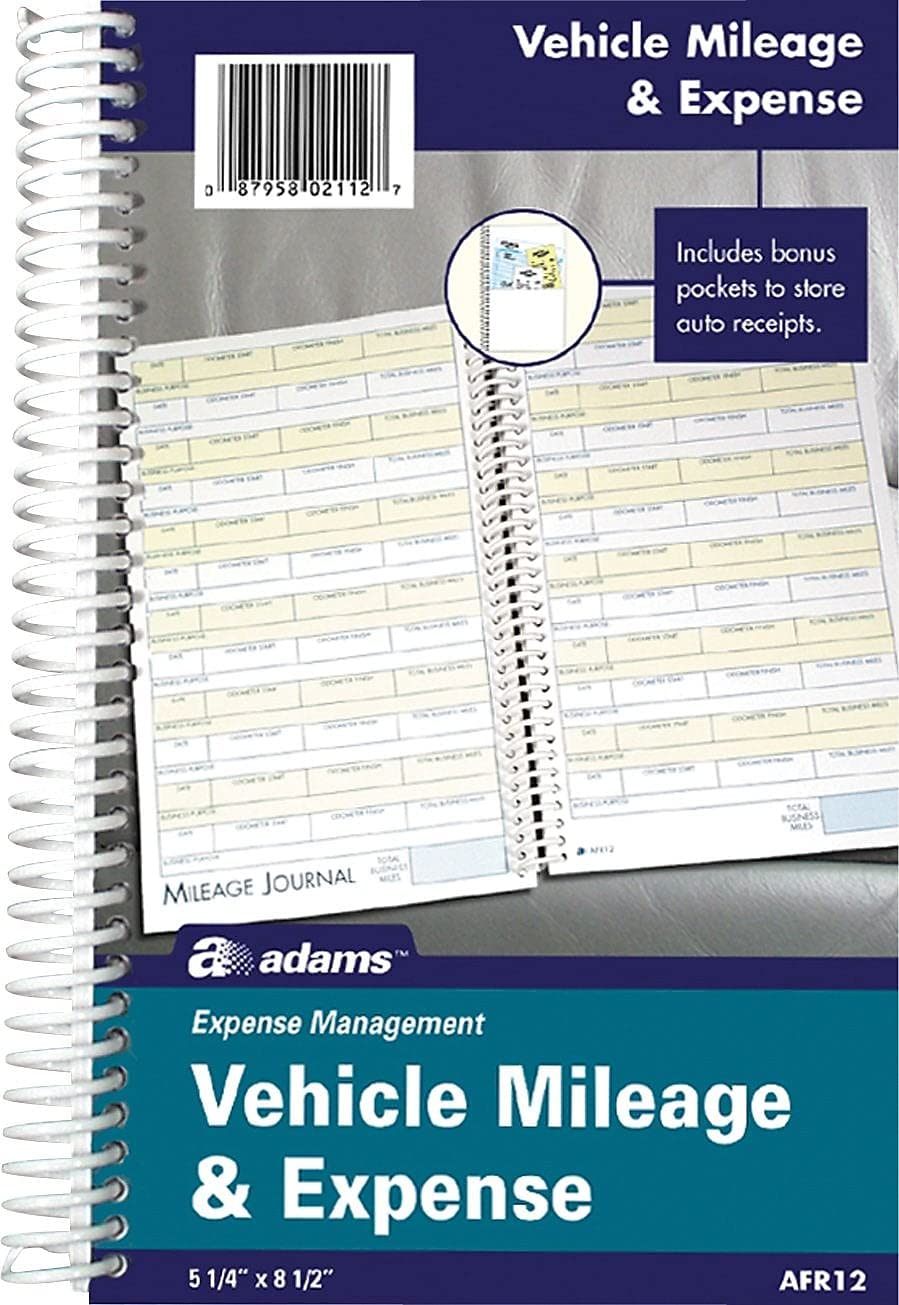 Adams ABFAFR12 Vehicle Mileage and Expense Journal, 5-1/4" x 8-1/2", Fits the Glove Box, Spiral Bound, 588 Mileage Entries, 6 Receipt Pockets,White