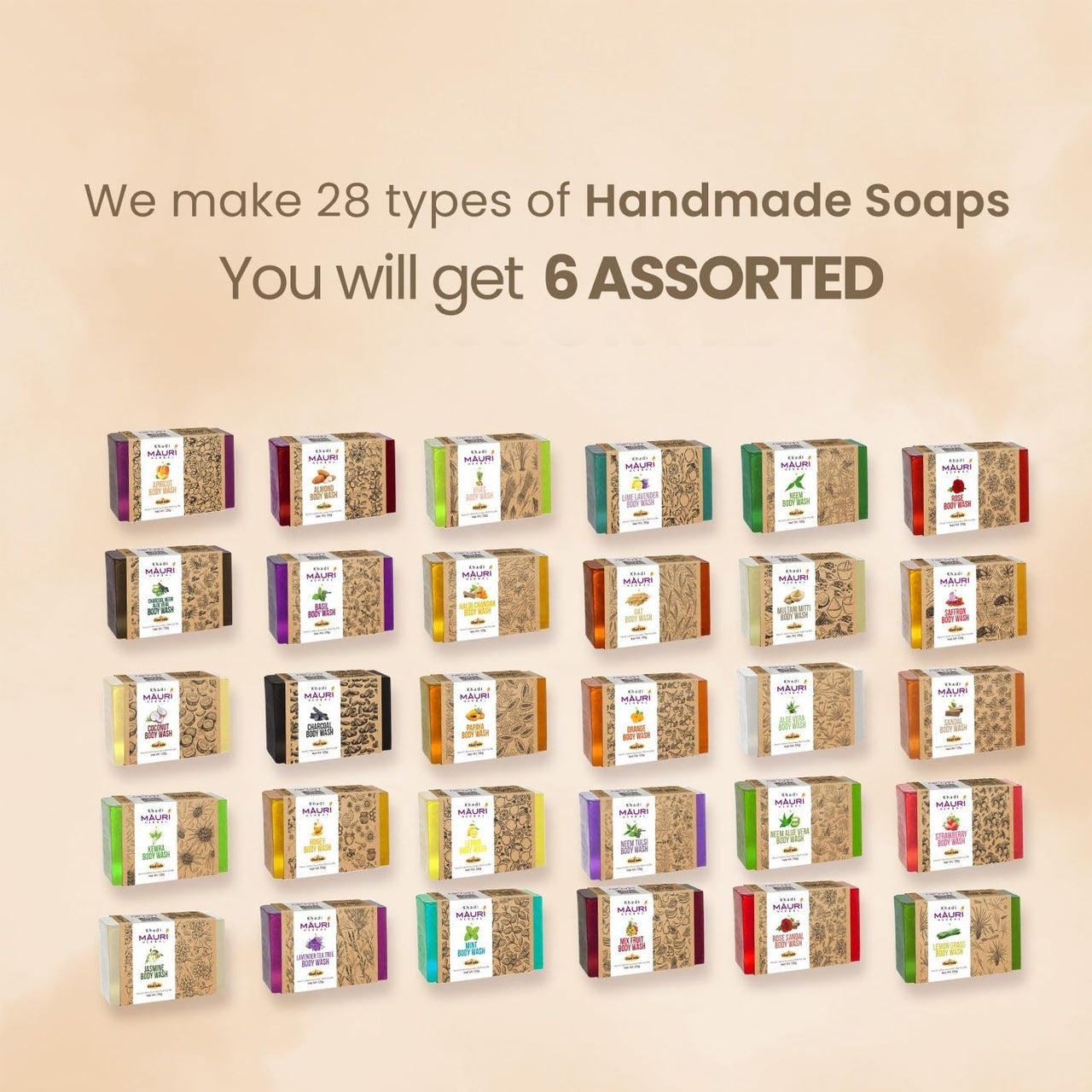 Khadi Mauri Herbal Assorted Ayurvedic Soaps Combo For Glowing Skin, 125 Gm (Pack Of 6)