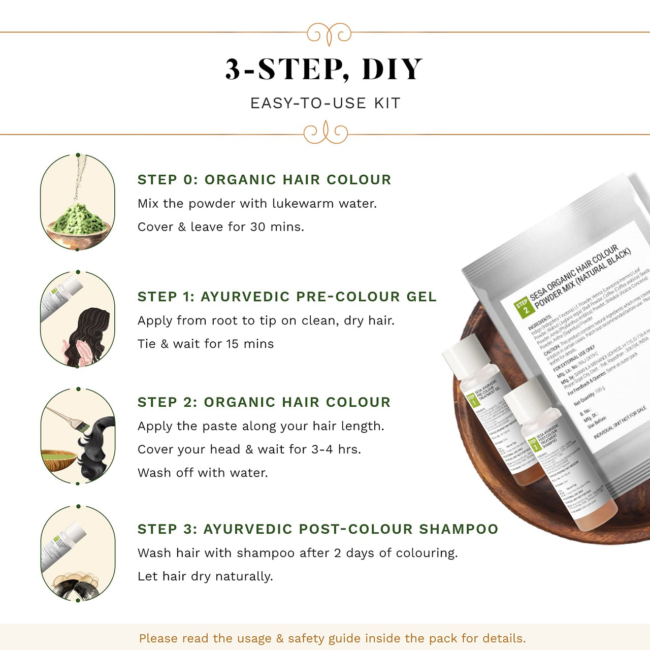 SESA 3 Step Natural Hair Colour Kit - For FIRST GREYS - 100% Organic & Ayurvedic - NO Ammonia, PPD, Peroxide