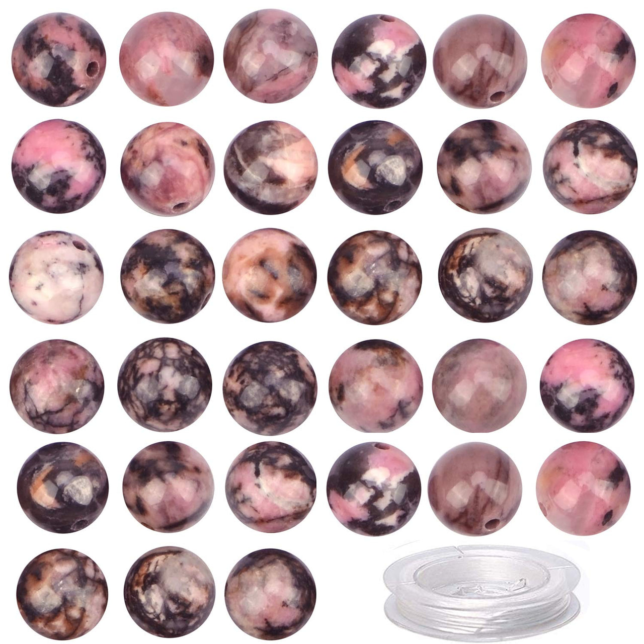 100Pcs Natural Crystal Beads Stone Gemstone Round Loose Energy Healing Beads with Free Crystal Stretch Cord for Jewelry Making (Pink Black Rhodonite, 6MM) Pink Black Rhodonite