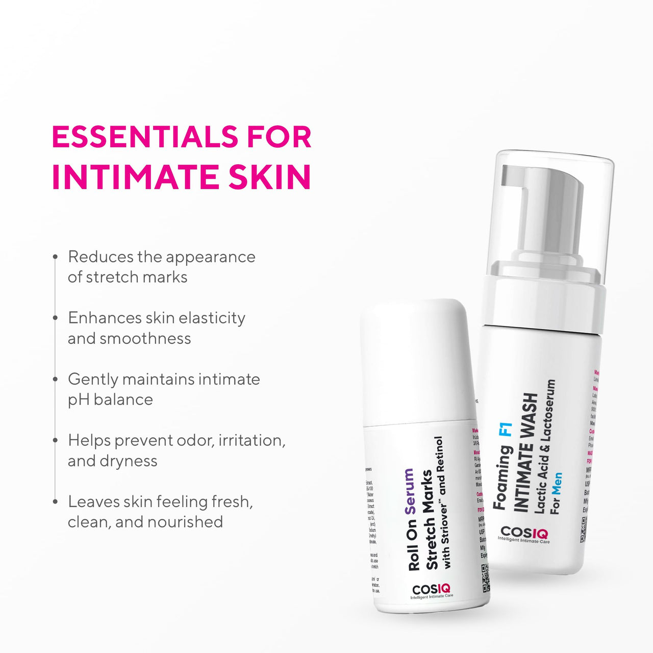 COSIQ Stretch Marks Removal Roll-On Serum and Intimate Wash Set, 40ml Serum, 100ml Men's Wash