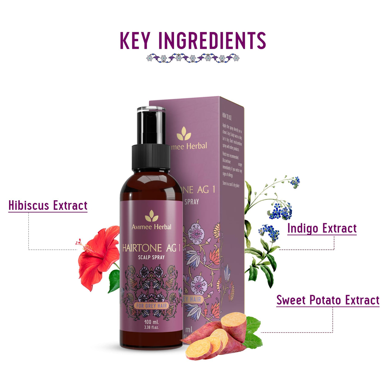 Avimee Herbal Hairtone AG1 Scalp Spray for Grey Hair | With Indigo, Henna, Beet Root and Hibiscus Extracts | Daily Nutrition For Your Hair | 100 ML